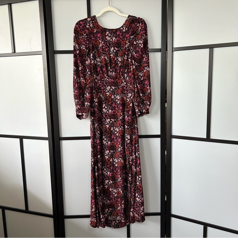 [US 8] Oliver Bonas Red & Pink Floral Print Black Long Sleeve Maxi Dress